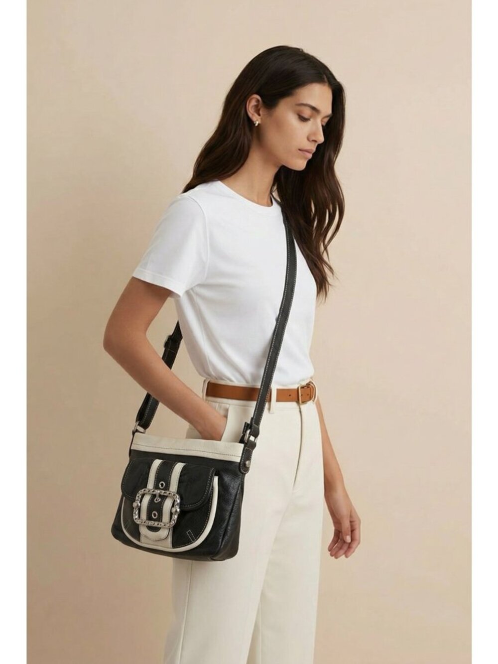 B Makowsky Black White Leather Crossbody Bag Buckle Accent Shoulder Bag